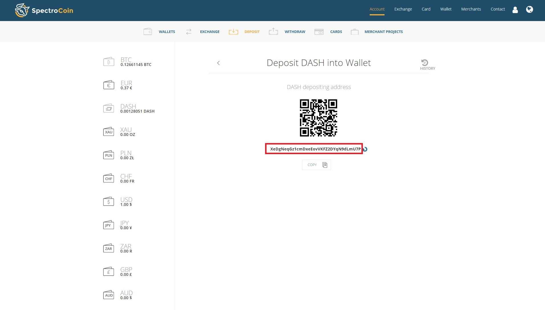 SpectroCoin Dash wallet address example