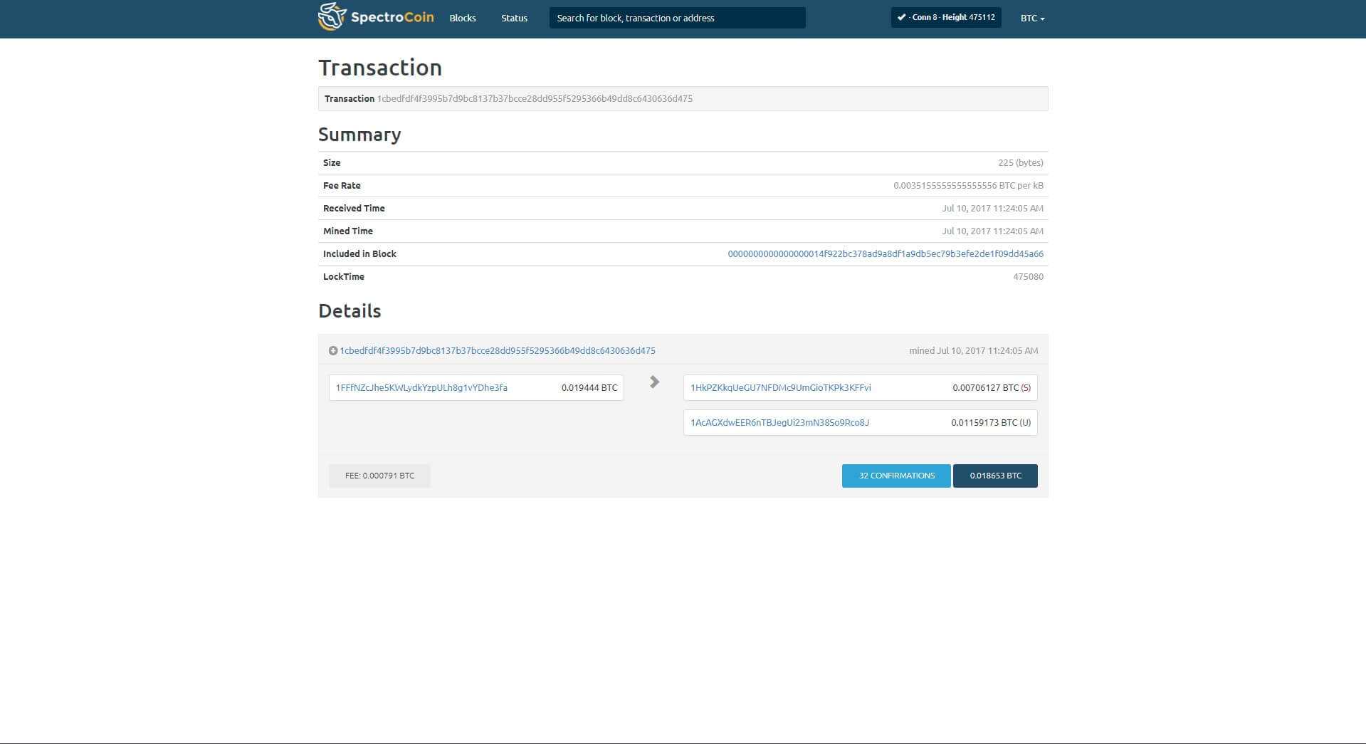 Transaction details on the SpectroCoin bitcoin explorer page