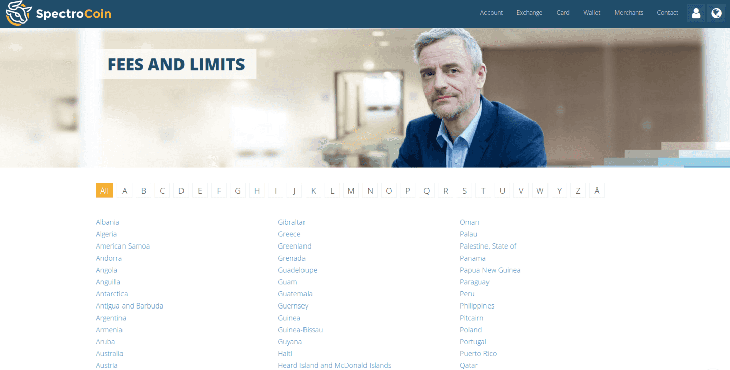 Fees and limits page in SpectroCoin website