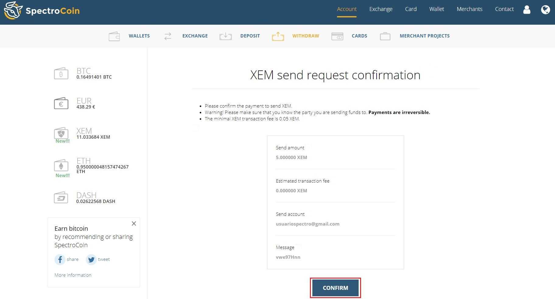 SpectroCoin button to confirm the XEM withdraw