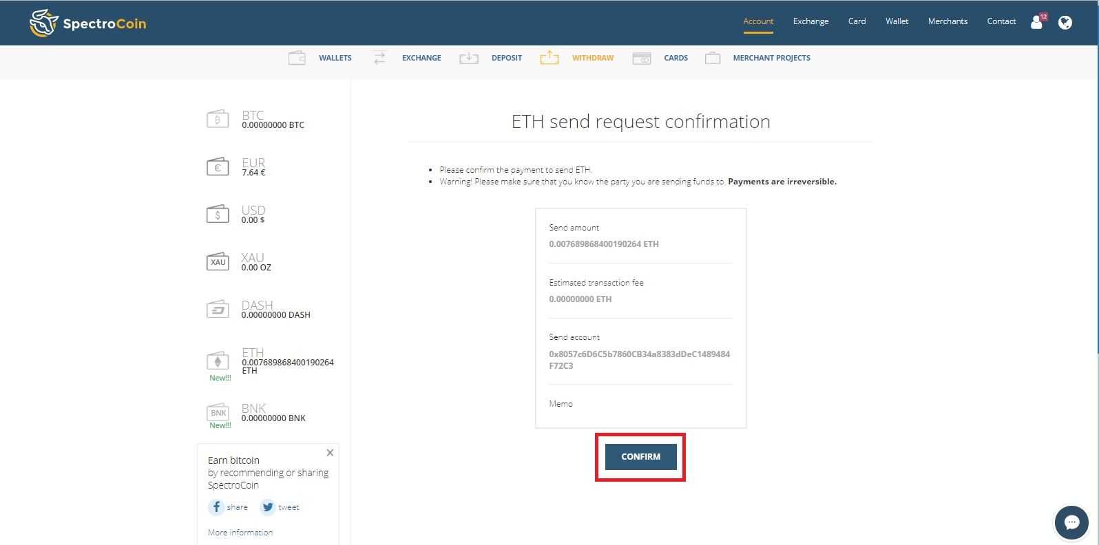 SpectroCoin ETH send request confirmation page with highlighted "confirm" option