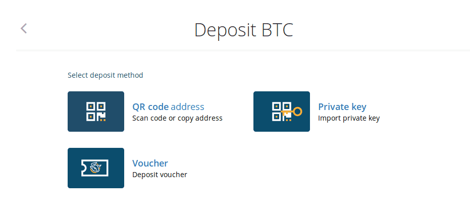 The Deposit options available for BTC at SpectroCoin