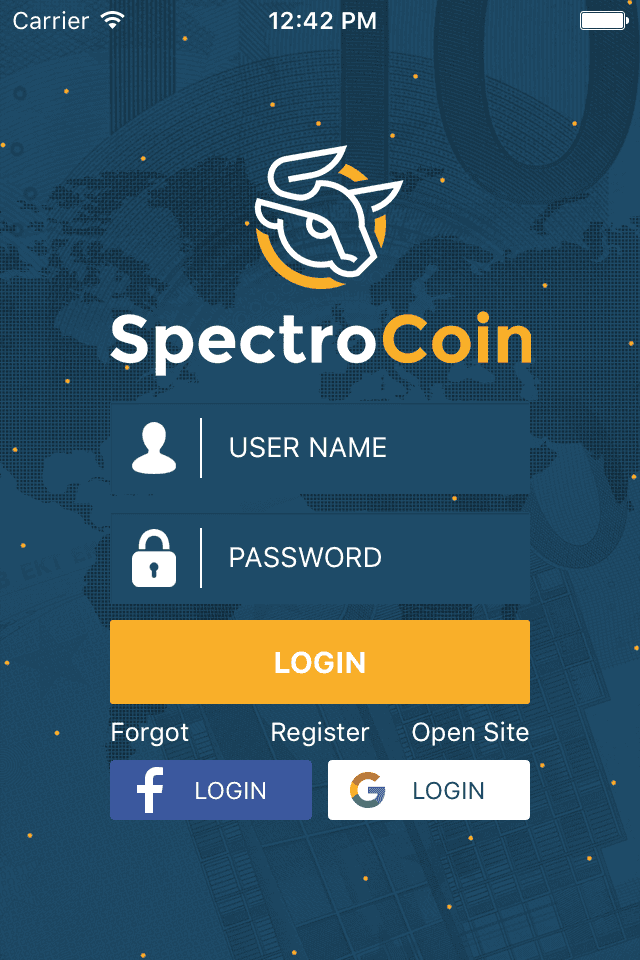 SpectroCoin iOS app login page