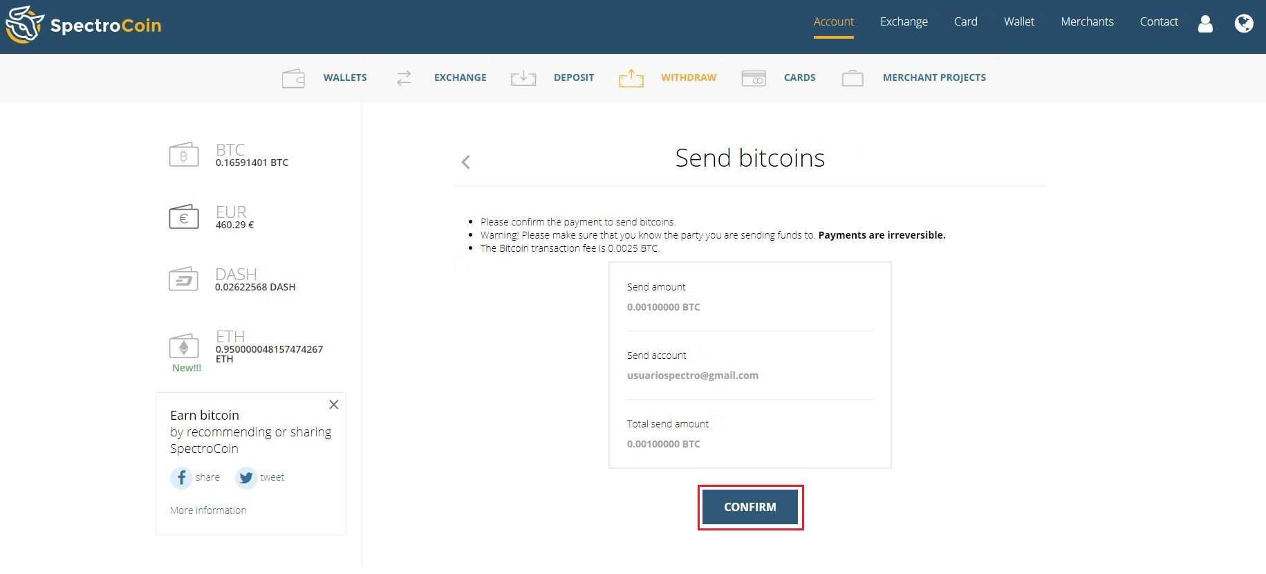 SpectroCoin "send bitcoins" window