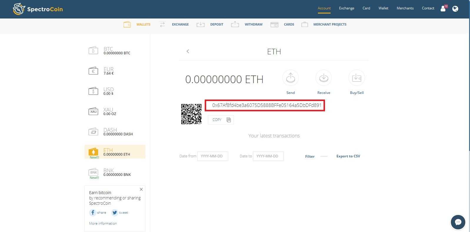 Screenshot of the page with ETH address.