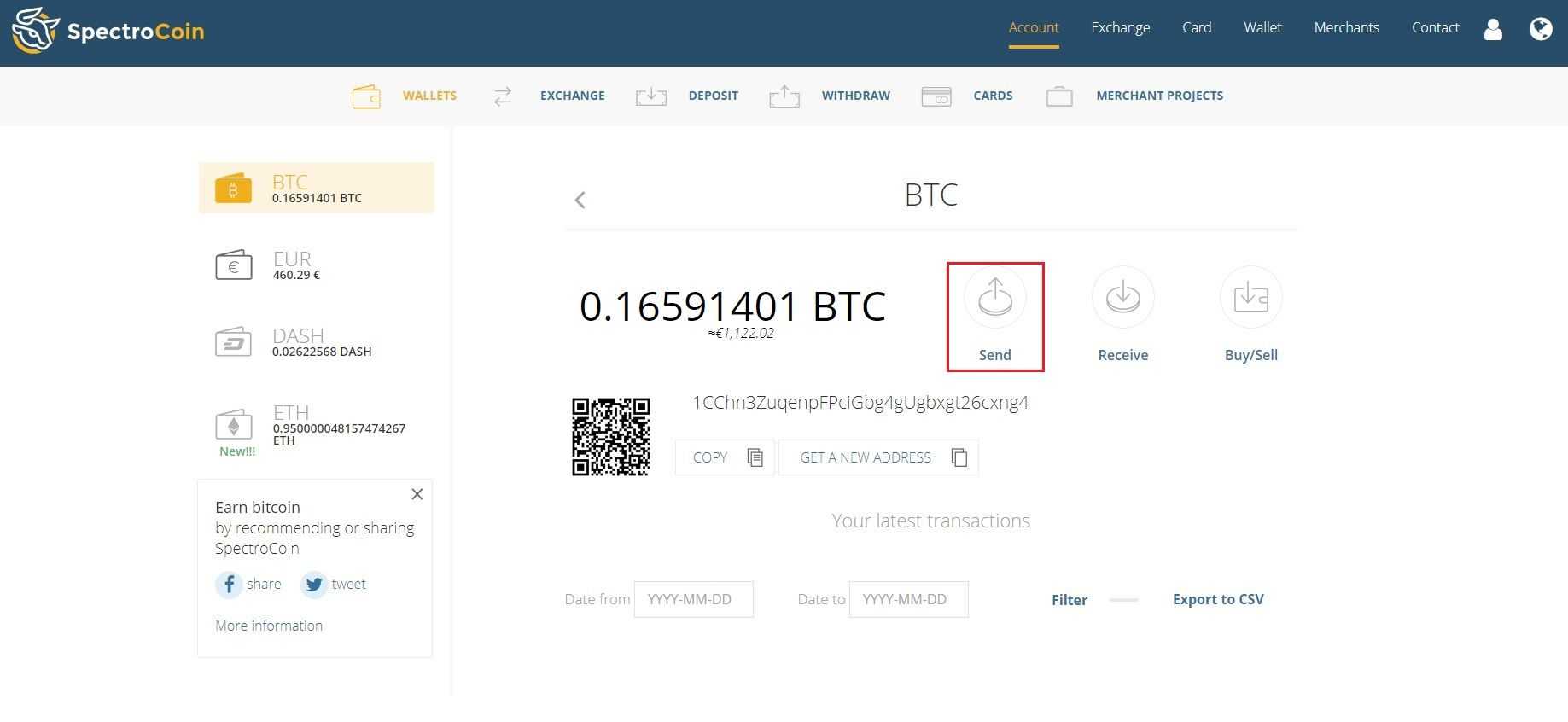 SpectroCoin BTC wallet page with "send" option