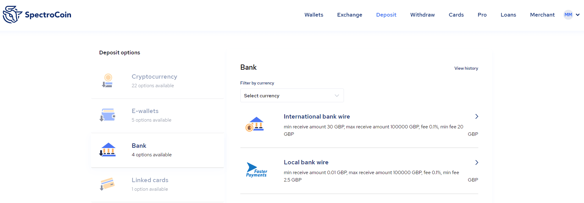 First, choose the International bank wire option in the deposit section of your SpectroCoin account.