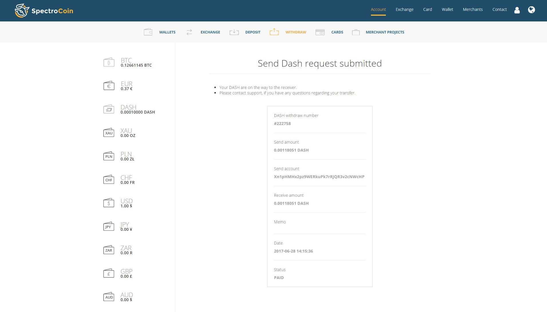 SpectroCoin Dash transaction summary page