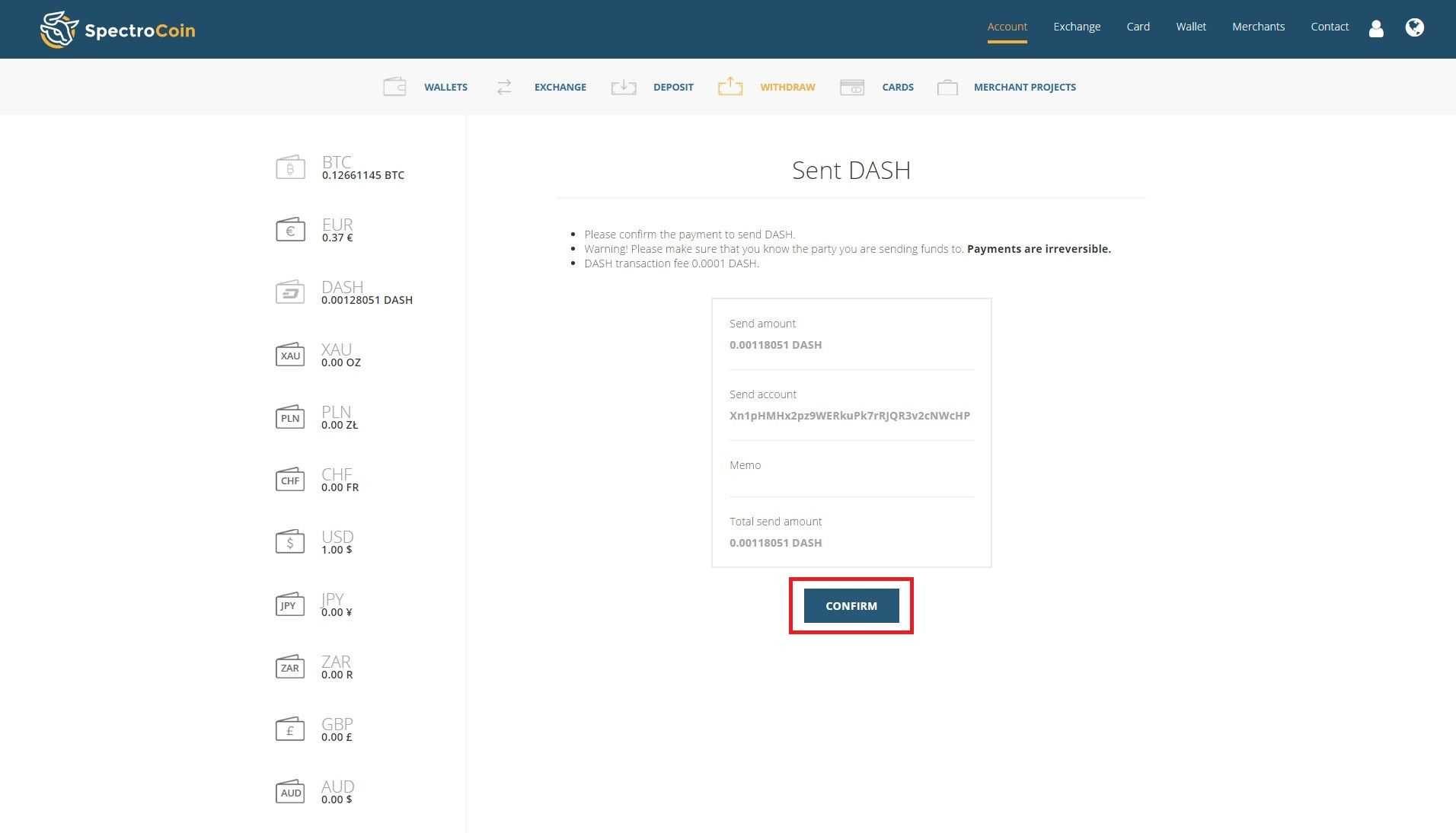 SpectroCoin "send Dash" page with highlighted confirm option