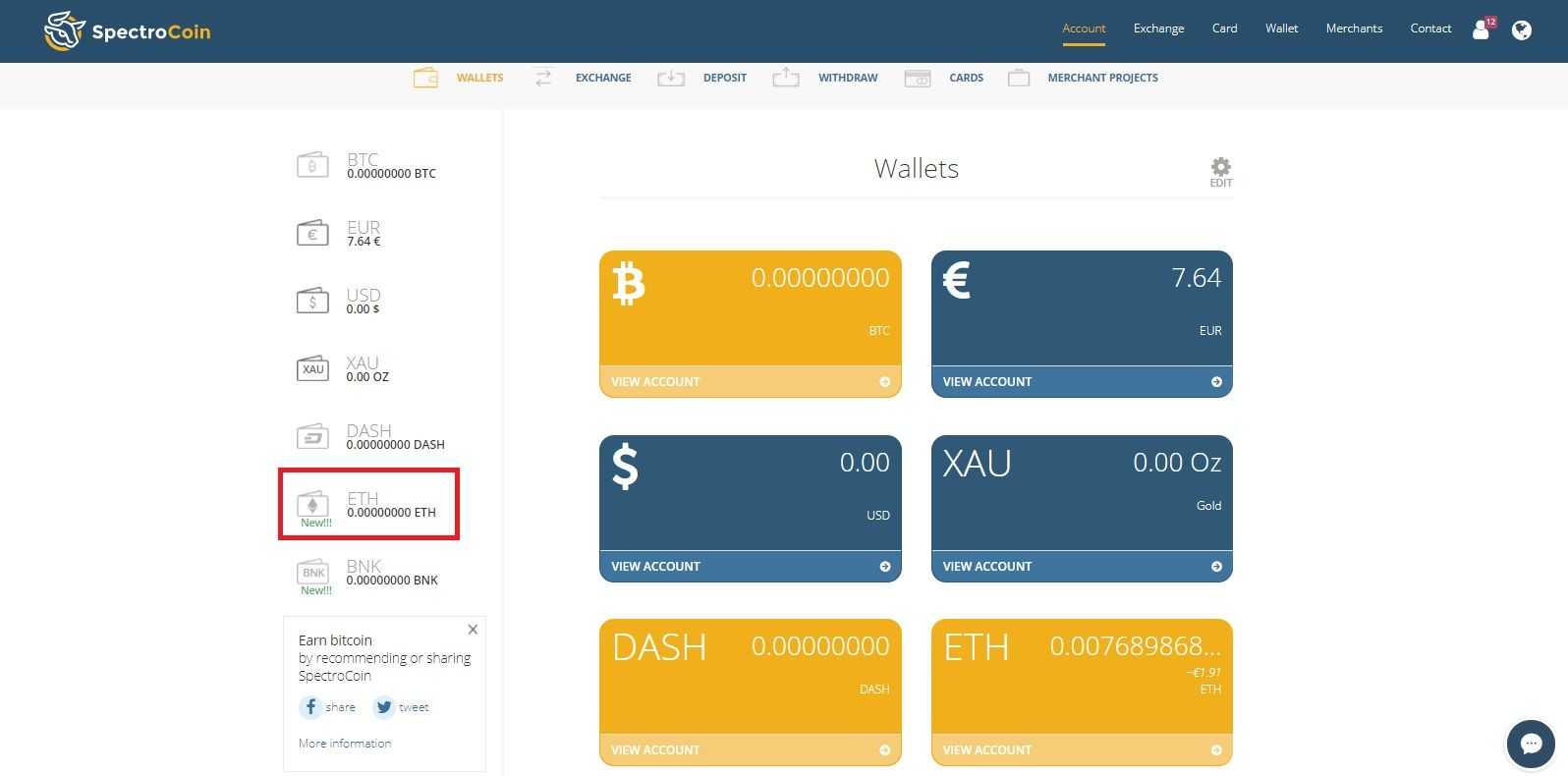 SpectroCoin account section with highlighted ETH wallet