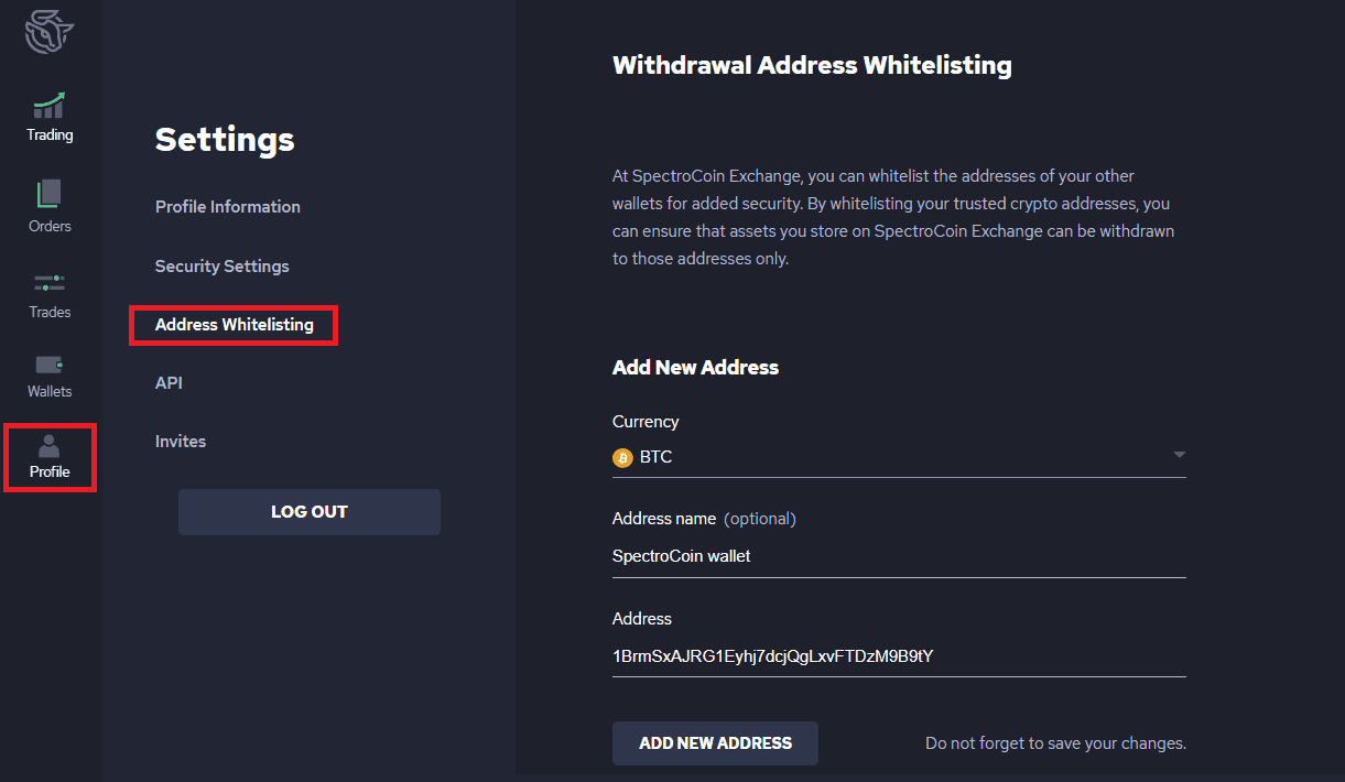 Afbeelding die laat zien hoe u een adres op SpectroCoin Pro op de witte lijst kunt zetten