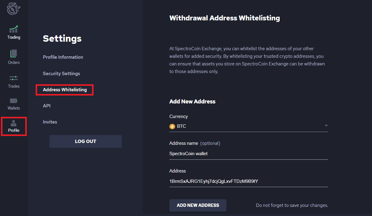 Immagine che mostra come inserire nella whitelist un indirizzo su SpectroCoinPro