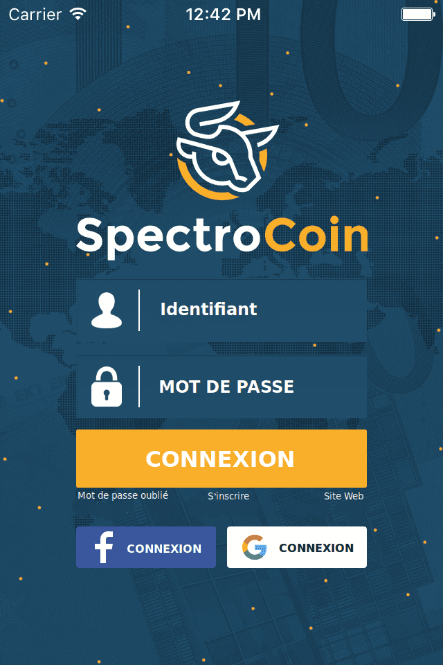 Page d’accueil de l’application SpectroCoin pour iOS