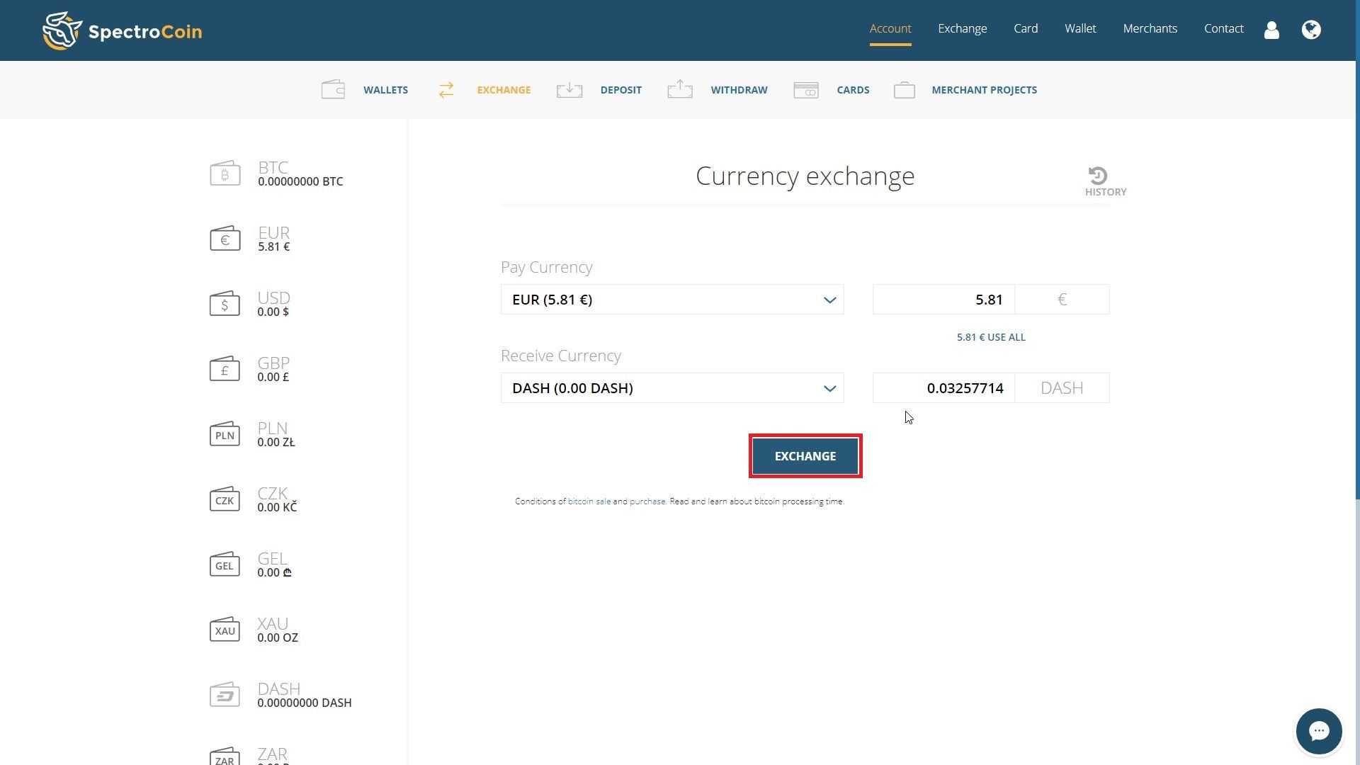 SpectroCoin currency exchange page 