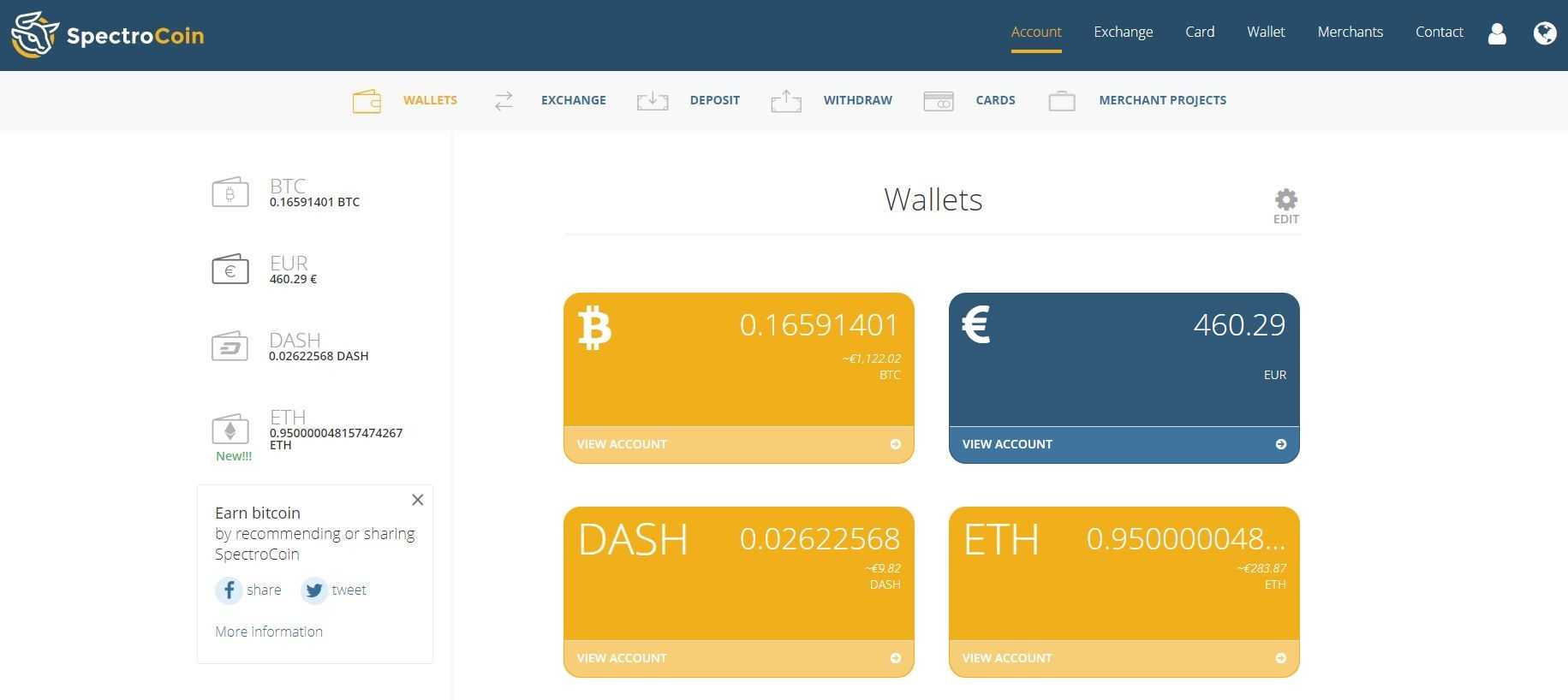 Wallets and their balances on the SpectroCoin account window