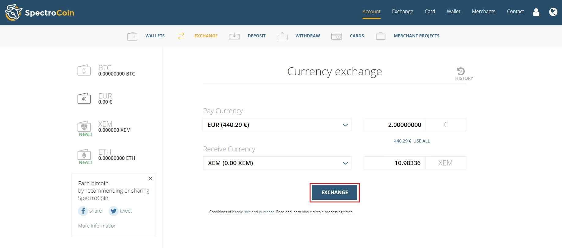 SpectroCoin "currency exchange" page 
