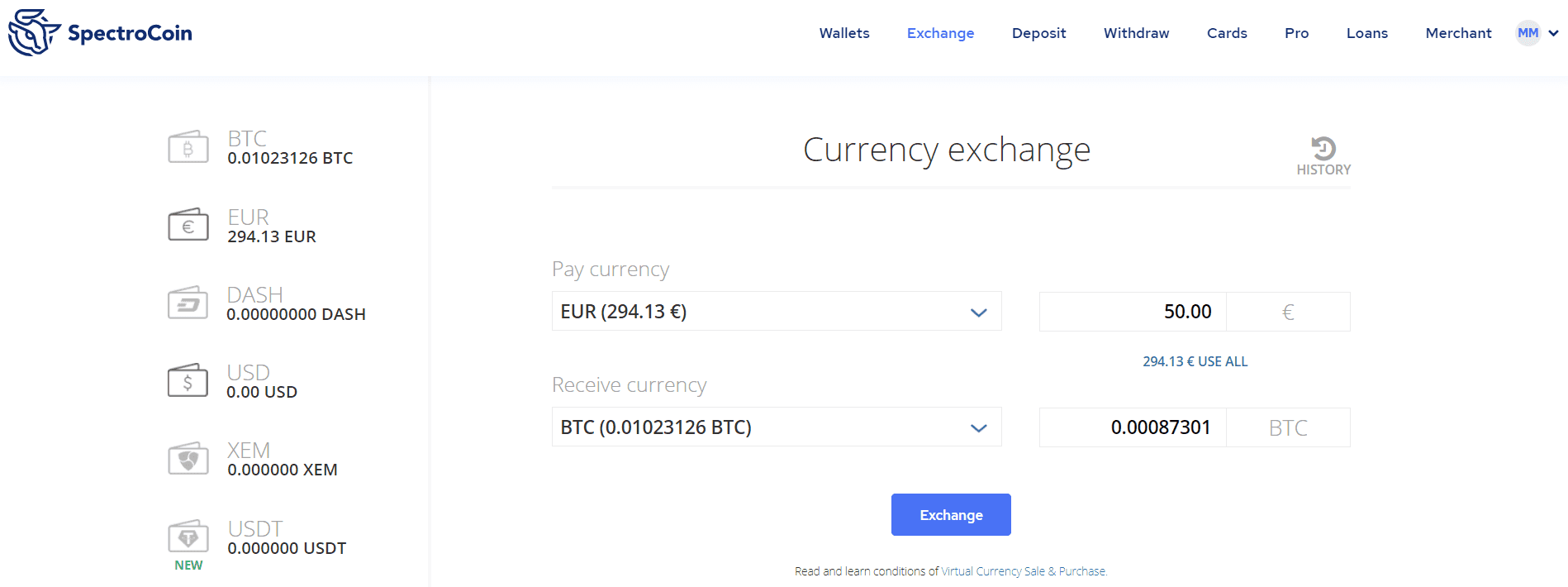 To buy Bitcoin at SpectroCoin, insert the EUR amount you would like to sell for BTC.