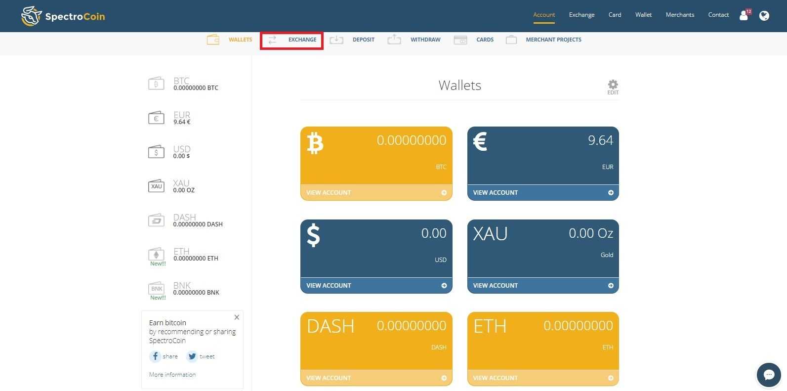 SpectroCoin wallets page with a highlighted "exchange" option on the top menu