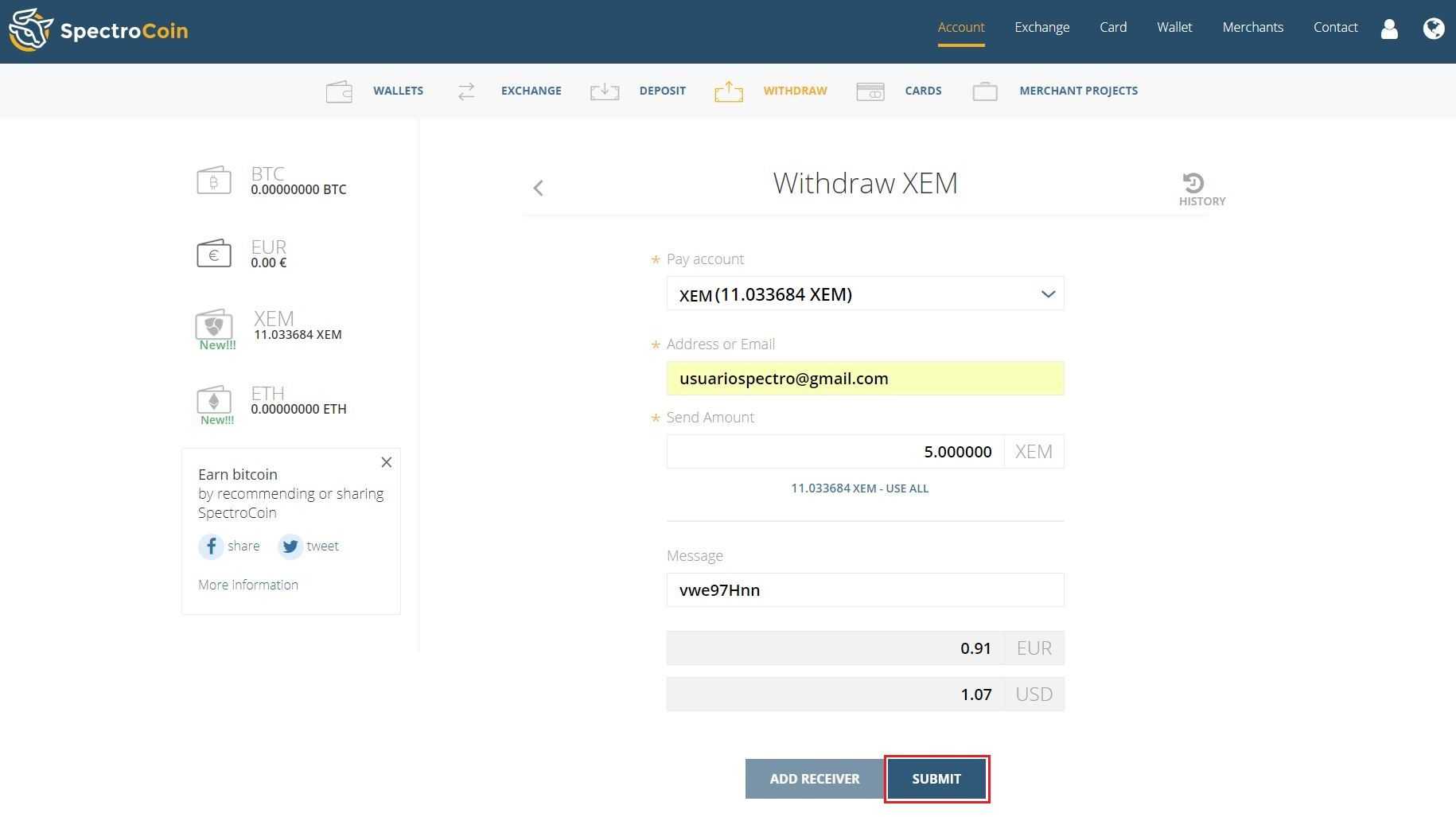 SpectroCoin "withdraw XEM" form