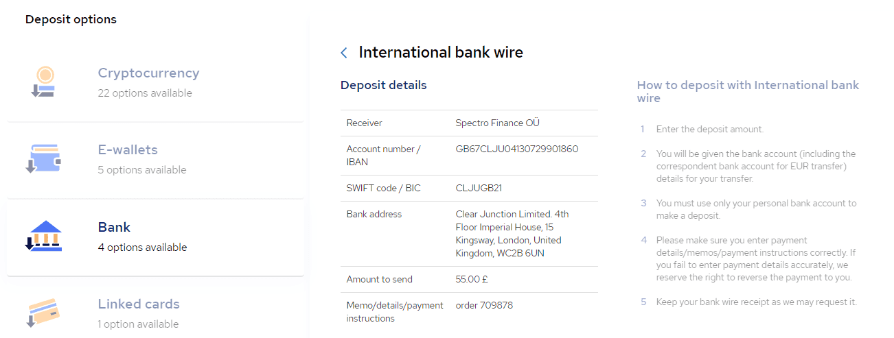 Use the given details to make an International wire deposit from your bank account.