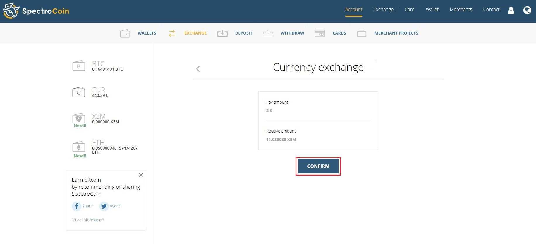 SpectroCoin currency exchange confirmation window