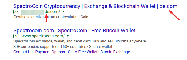 Screenshot of the fake Ad in the search results page.