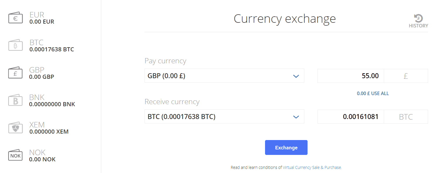To buy Bitcoin, insert the amount of EUR or GBP that you would like to sell for BTC and press "Exchange".