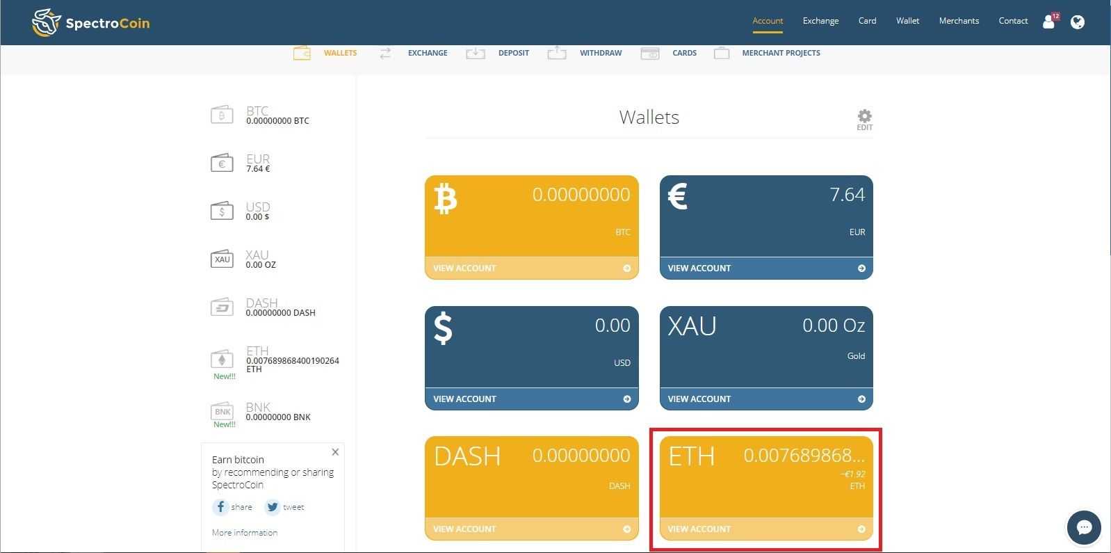 Check your SpectroCoin ETH wallet balance in the account section