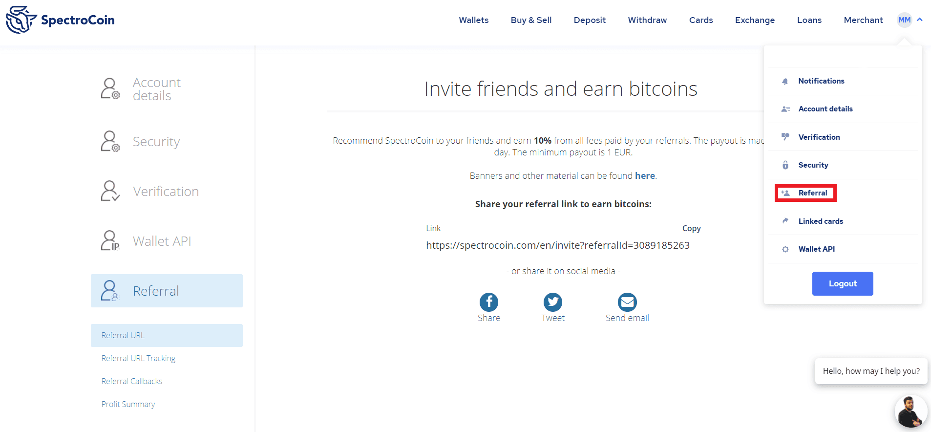 Picture that shows where to find Referral section on SpectroCoin
