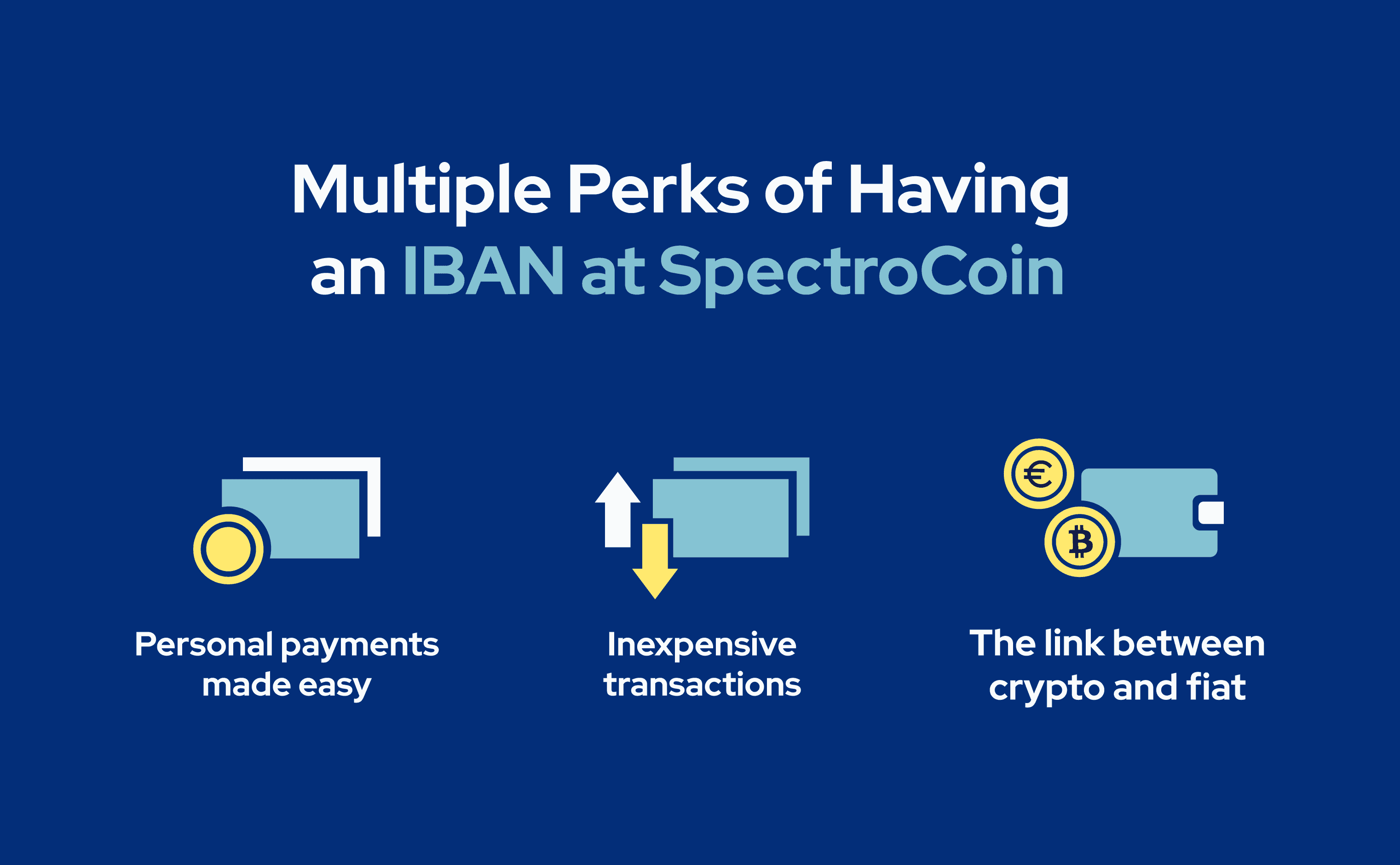 Šajā attēlā tiek izskaidrotas galvenās priekšrocības, ko sniedz IBAN SpectroCoin platformā.