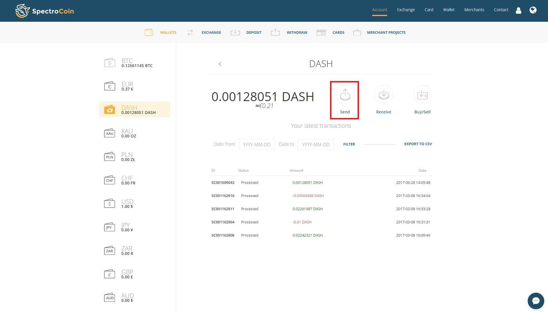 SpectroCoin Dash wallet history highlighting send option