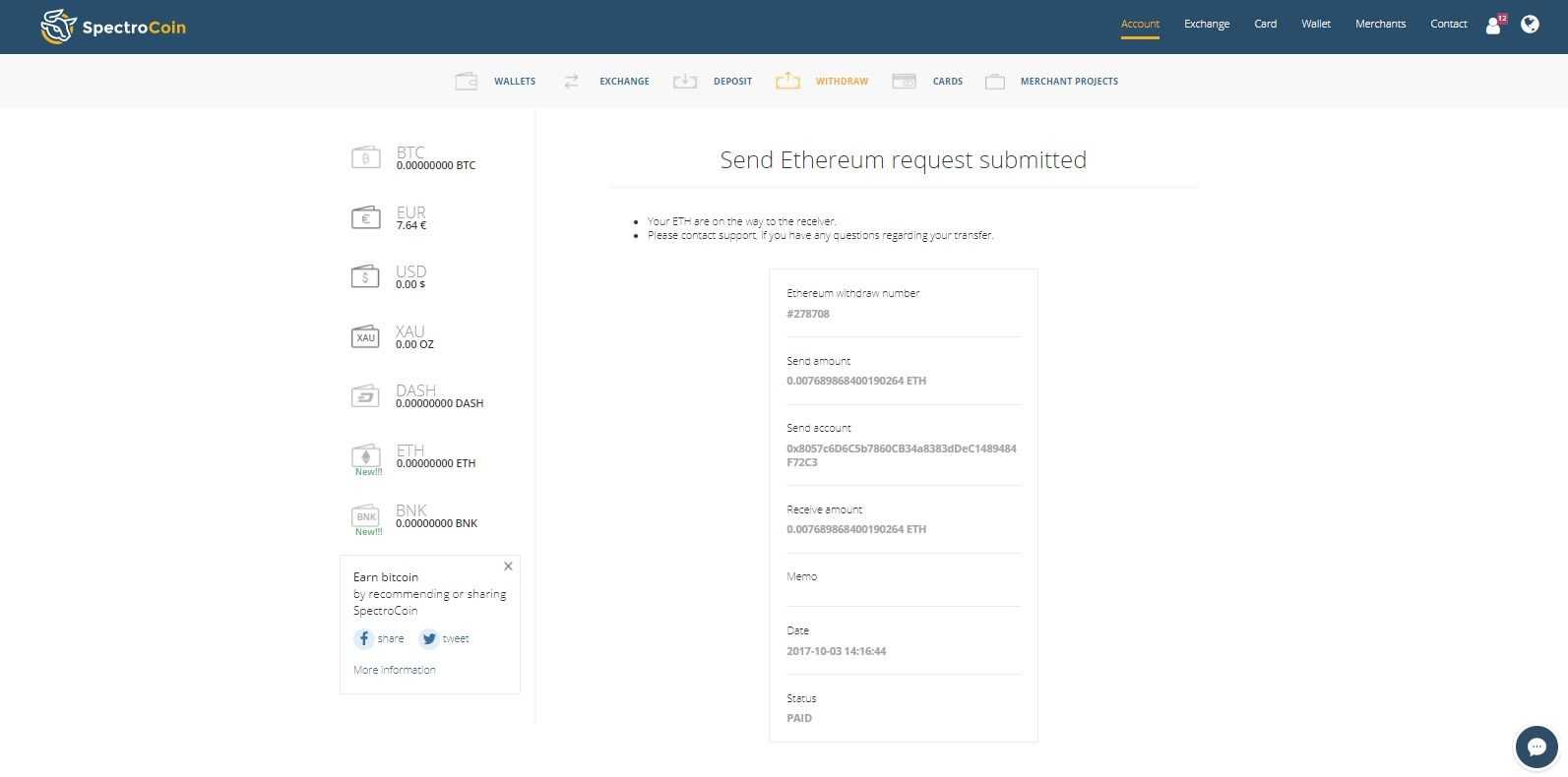 SpectroCoin "send Ethereum request was submitted" page