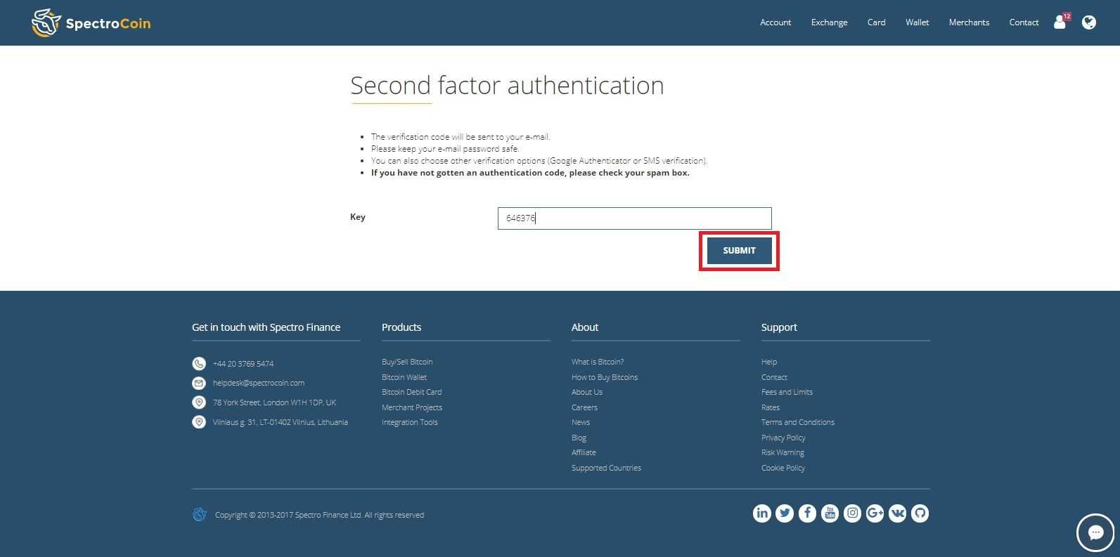SpectroCoin "insert your second-factor authentication" key page