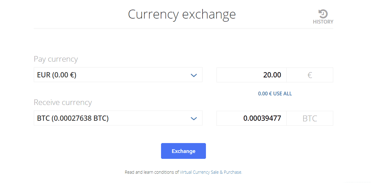 Once the Advcash deposit is complete, choose the EUR amount that you would like to sell for Bitcoin in our exchange section.