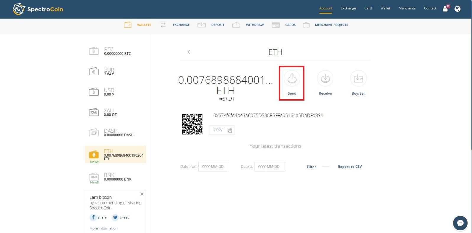 SpectroCoin ETH page with highlighted "send ETH" option