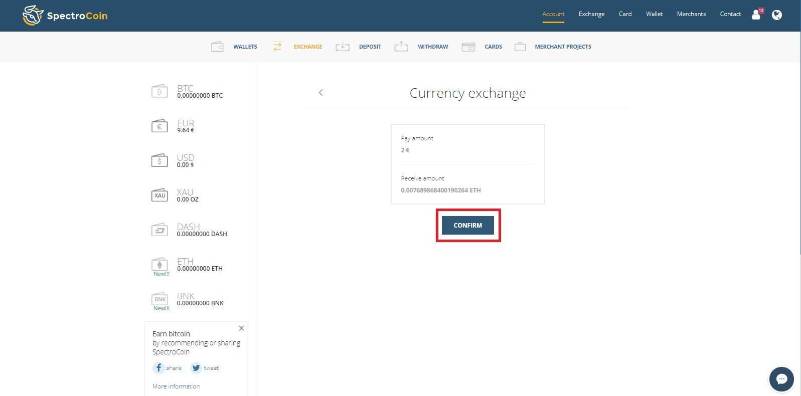 SpectroCoin "EUR to ETH" exchange page with highlighted "confirm" button