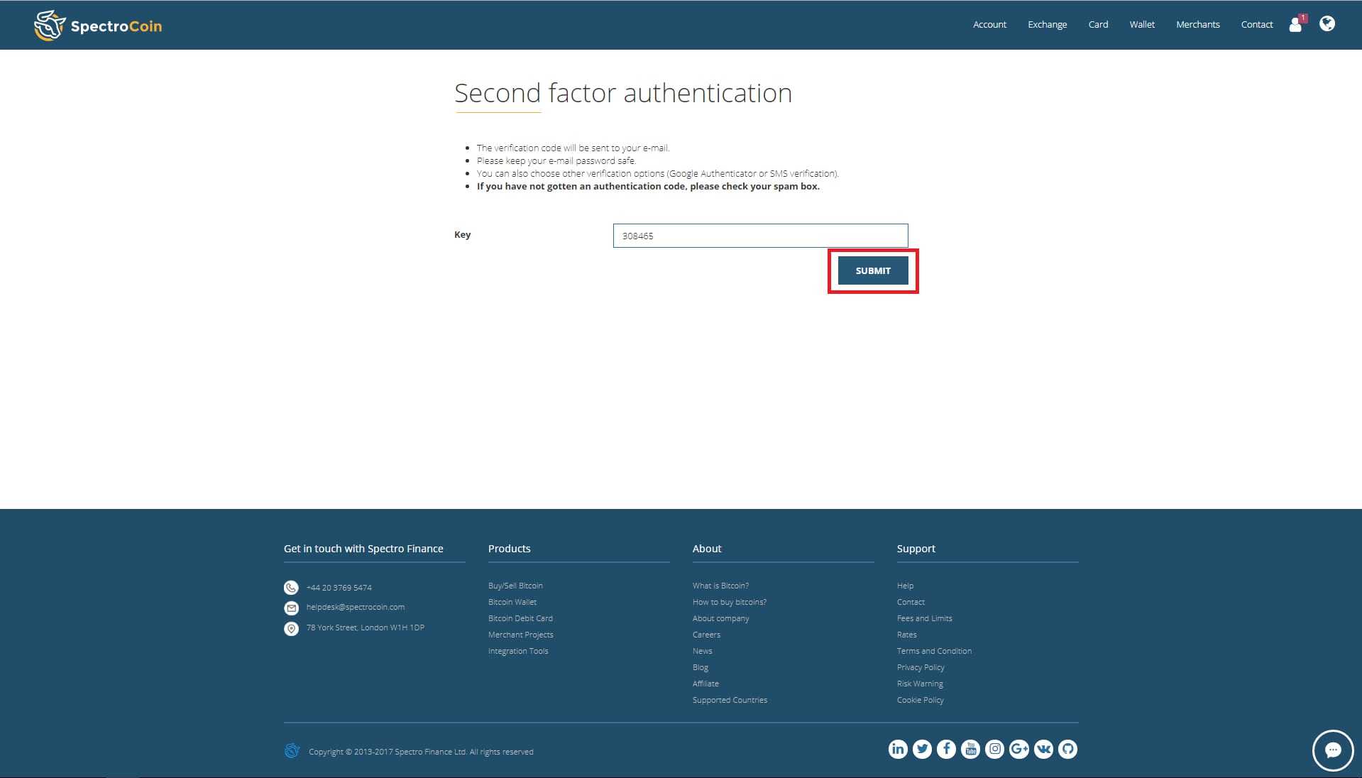 SpectroCoin  "second-factor authentication" page with a highlighted "submit" button