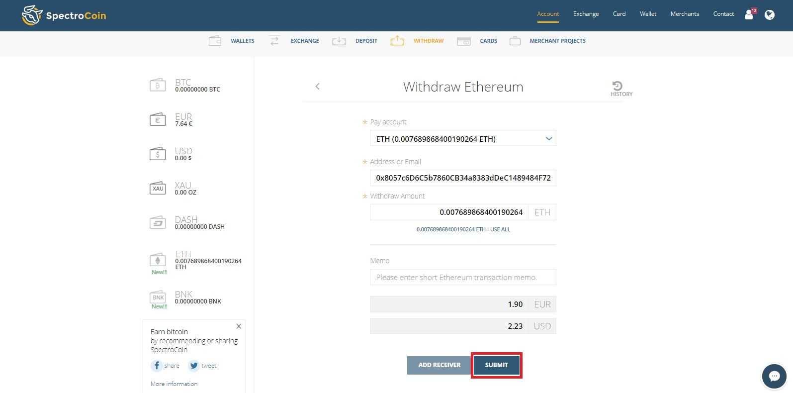 SpectroCoin withdraw Ethereum page with highlighted "submit" option