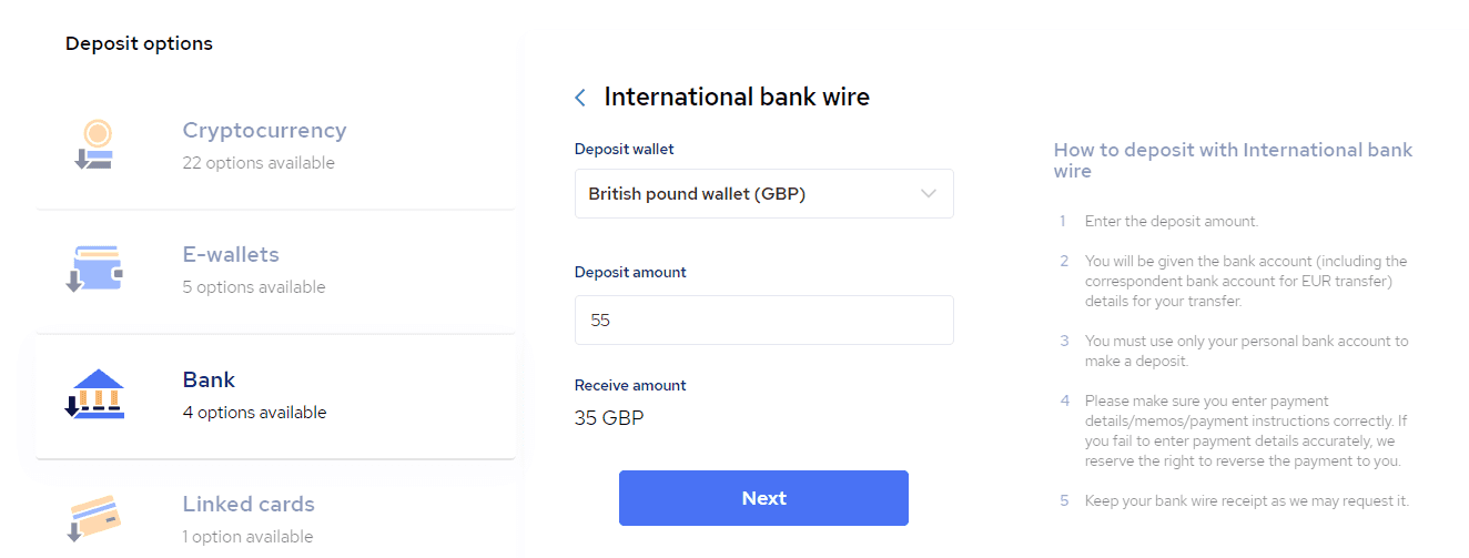 Choose the currency and amount to continue with your International bank wire deposit.