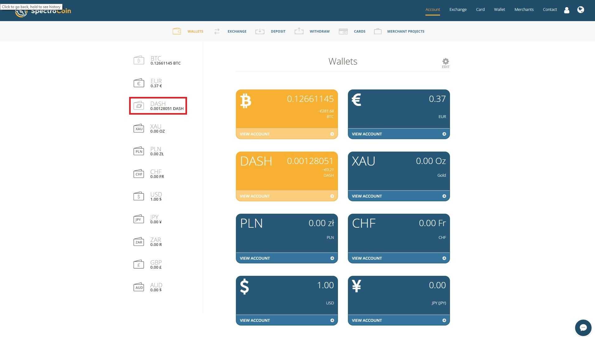 SpectroCoin wallets page