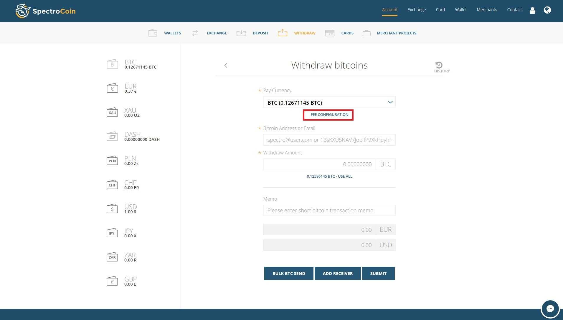 Free configuration on the SpectroCoin bitcoin withdraw page